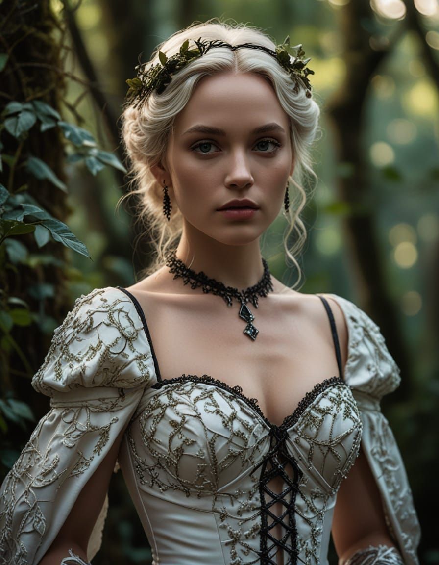 Regal Woman in Enchanted Forest at Dusk