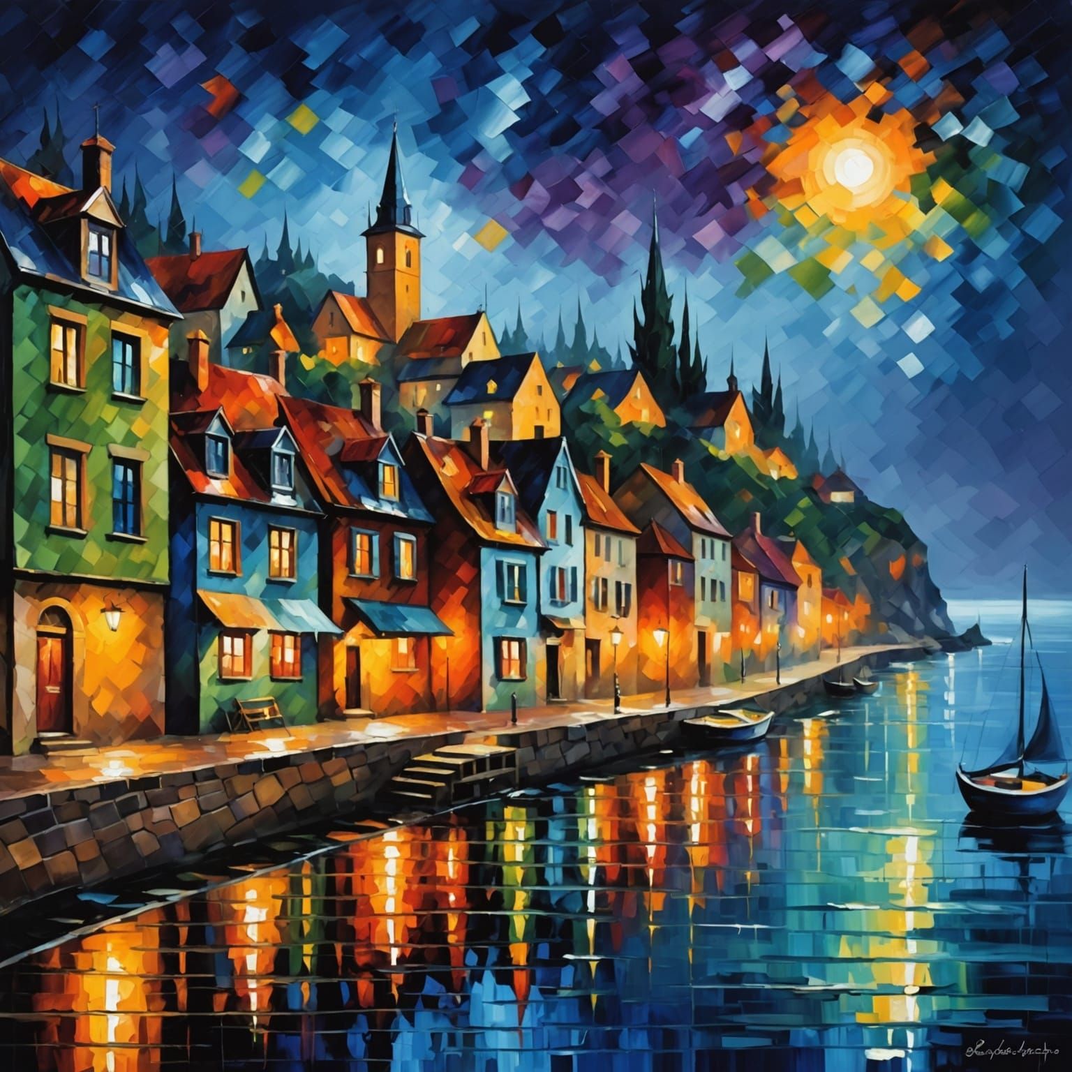 Rainy Coastal Town Impressionist Painting