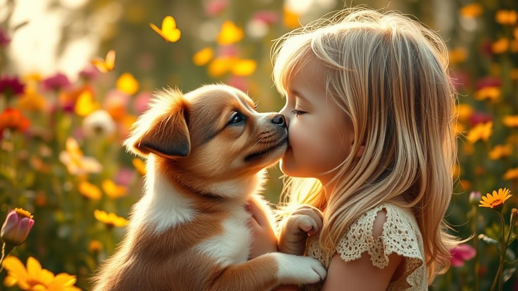 Whimsical Garden Kiss in Warm Cinematic Style