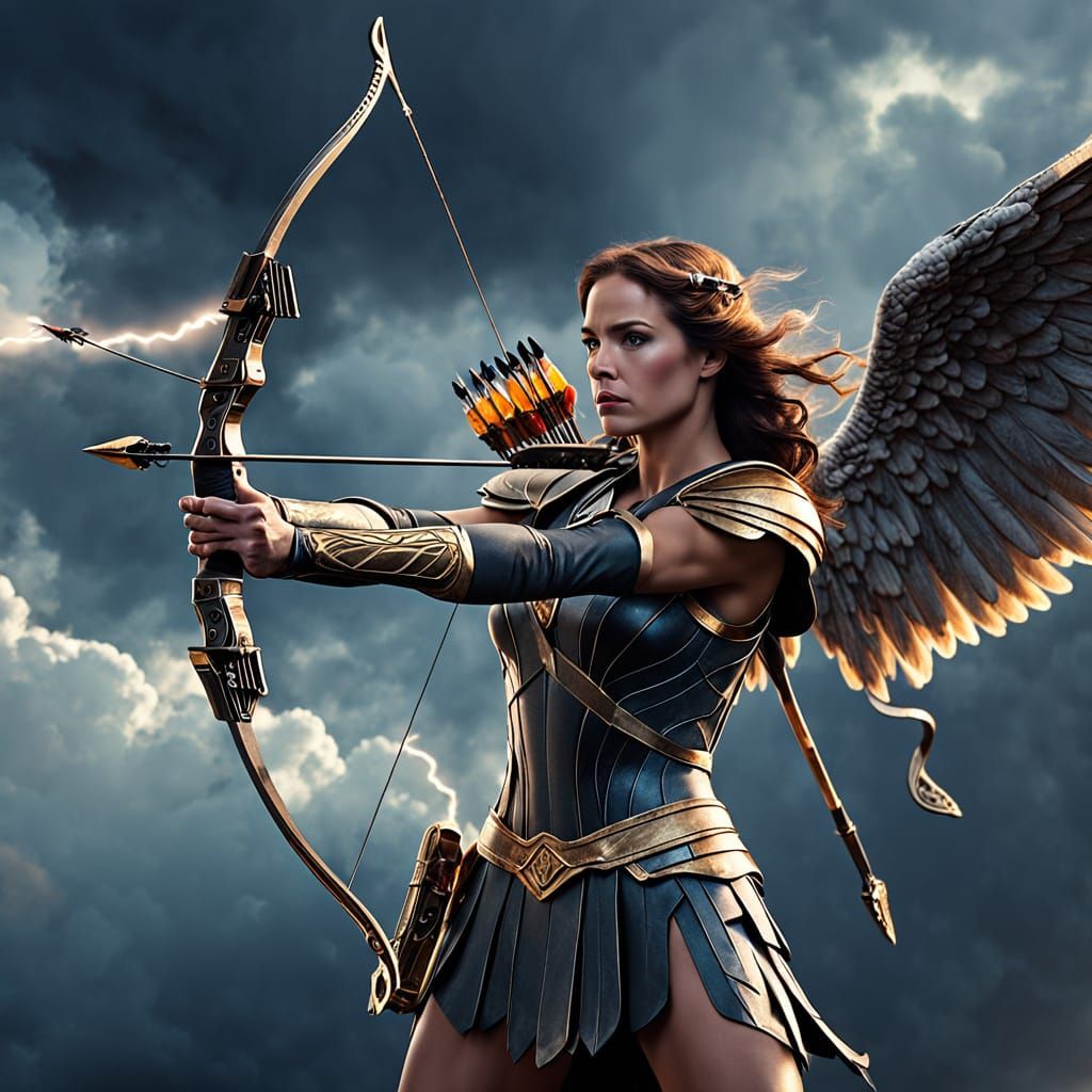 Cinematic Angel with Bow in Dramatic Sky