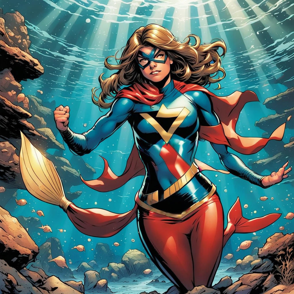 Ms Marvel as Mermaid in Comic Book Art