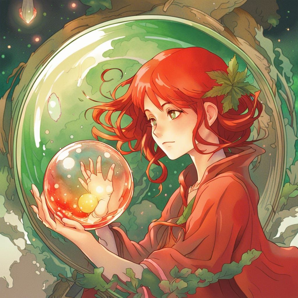 Red-Haired Witch with Crystal Ball in Mucha Style
