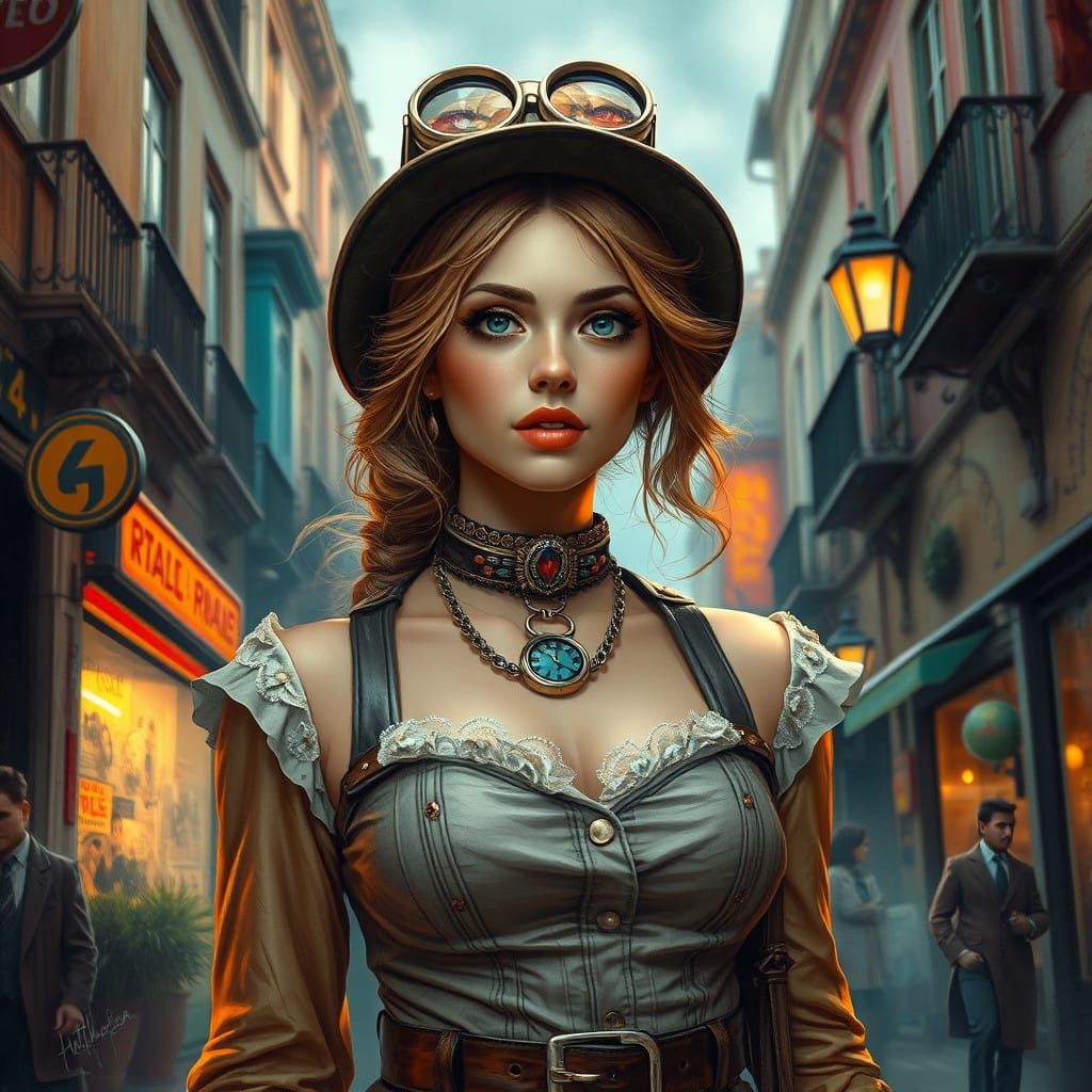 Surreal Steampunk Cityscape in Vibrant, European Bohemian St...