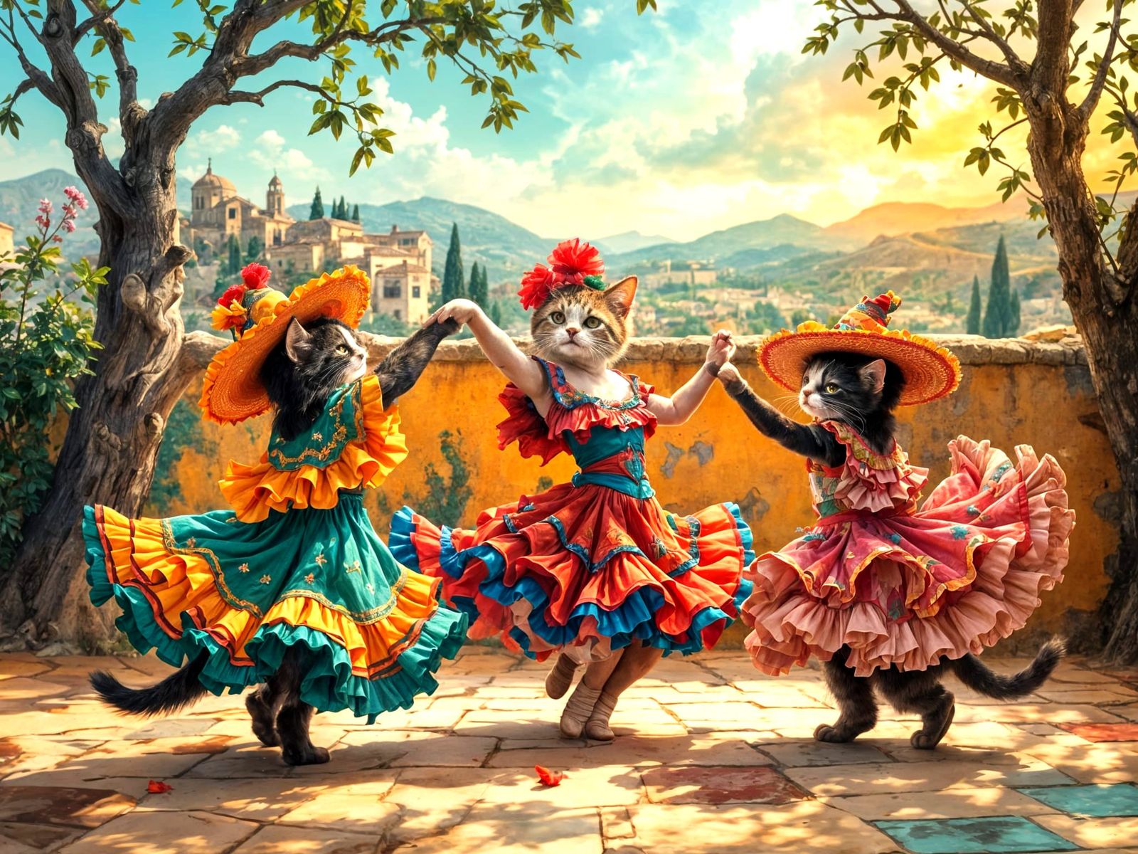 Cats Dancing Flamenco in Vibrant Spanish Landscape