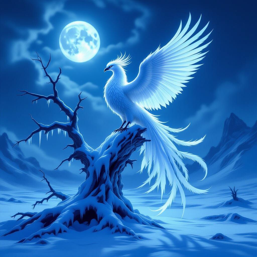 Ice Phoenix on Frozen Tree in Gothic Fantasy Style