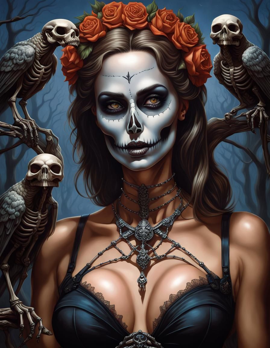Haunted Halloween Portrait of Woman with Skeleton
