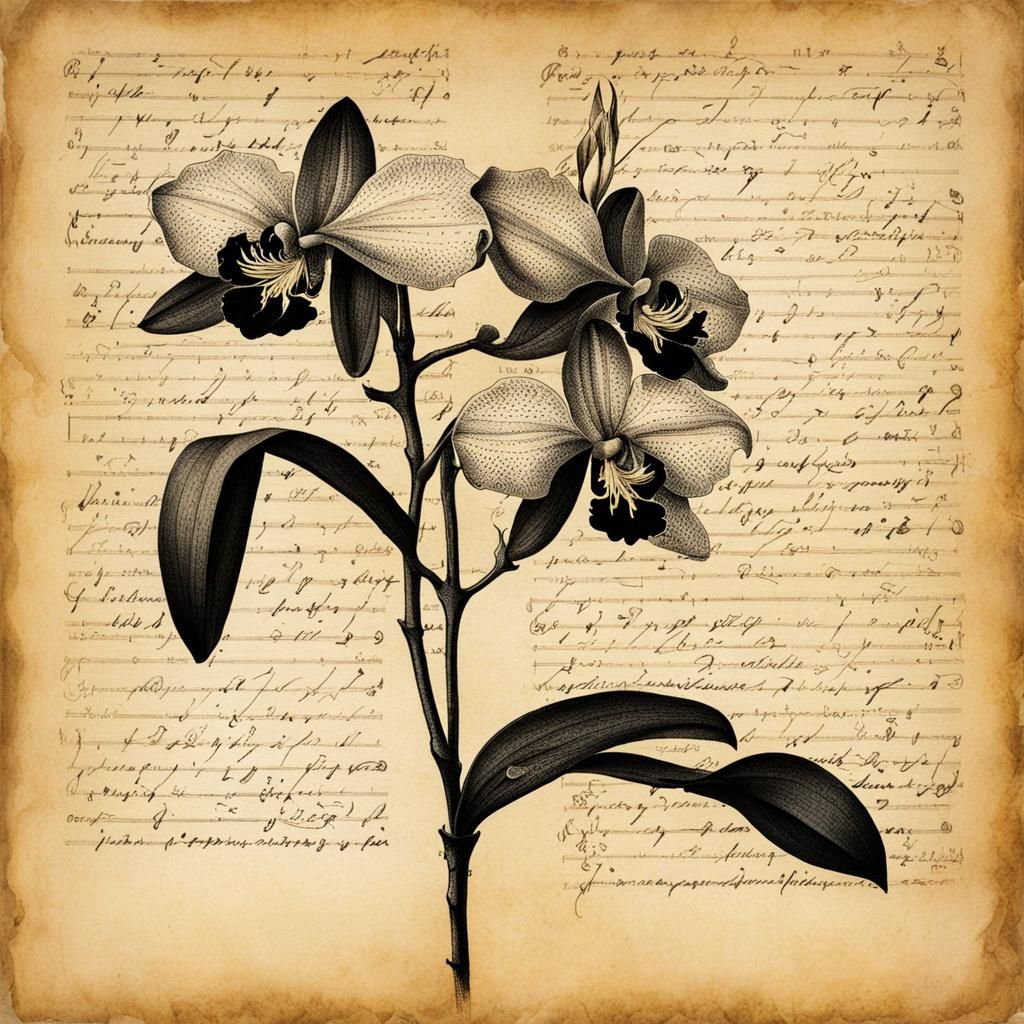 Wild Orchid Botanical Illustration in Black Ink