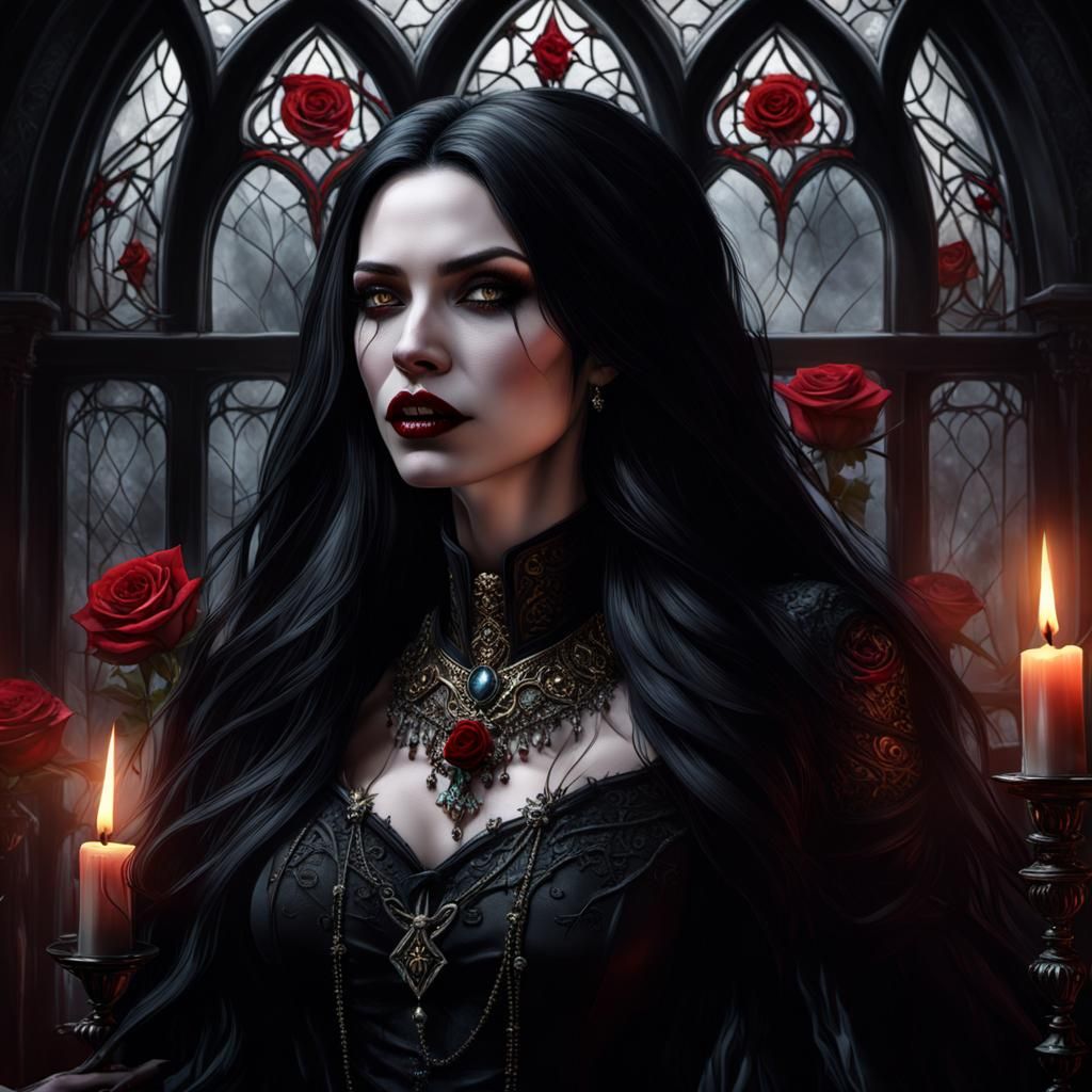 Dark Fantasy Vampire with Gothic Window, Hyperdetailed Art