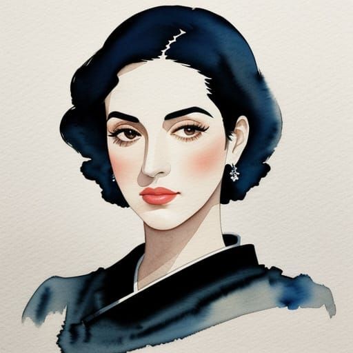 Minimalistic Watercolor Portrait of Katy Jurado in Chinese I...