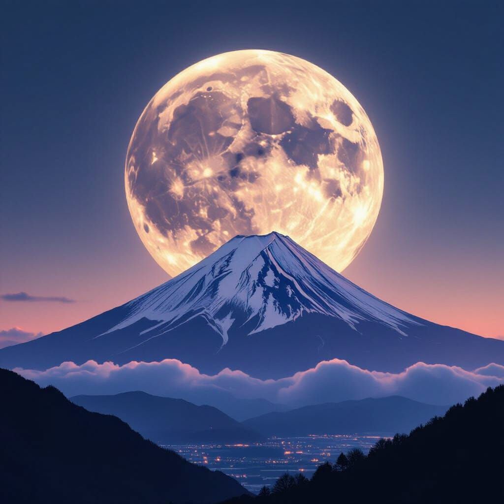 Supermoon Over Photorealistic Mt. Fuji at Golden Hour