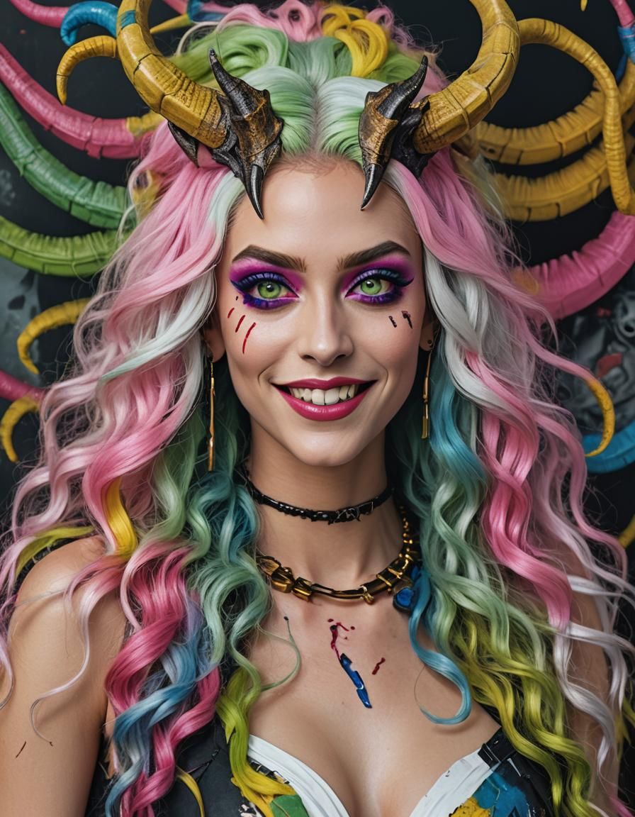 Stunning Horned Woman Portrait with Colorful Hair