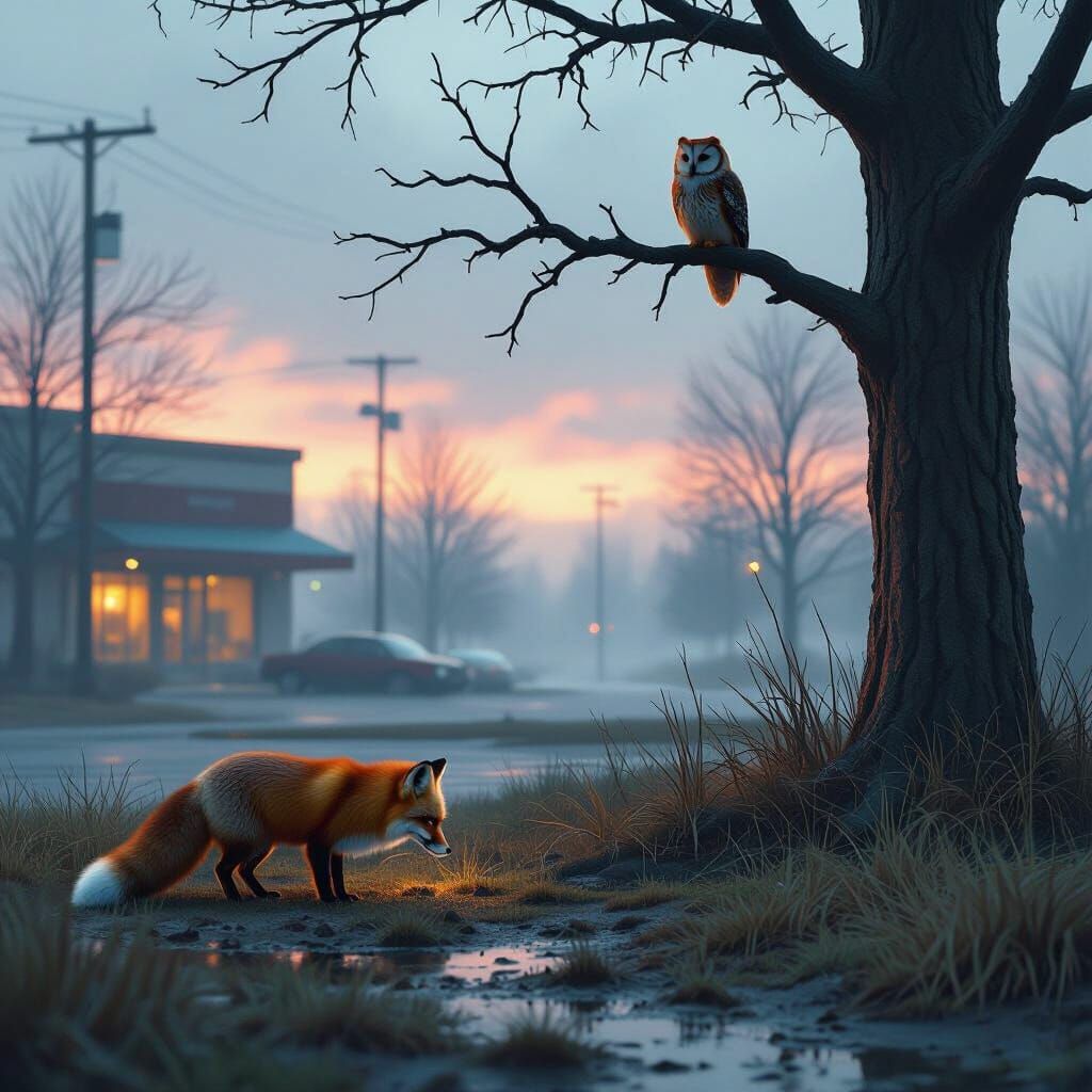 Red Fox and Owl in Misty Morning Landscape