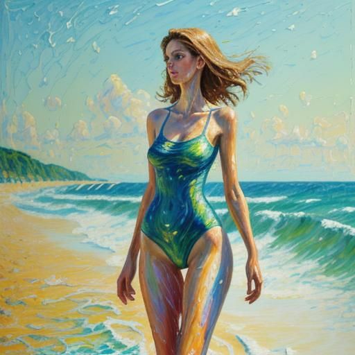 Tall and slim woman, on her back, entering the sea in an elegant swimsuit neo-impressionism expressionist style oil pai...