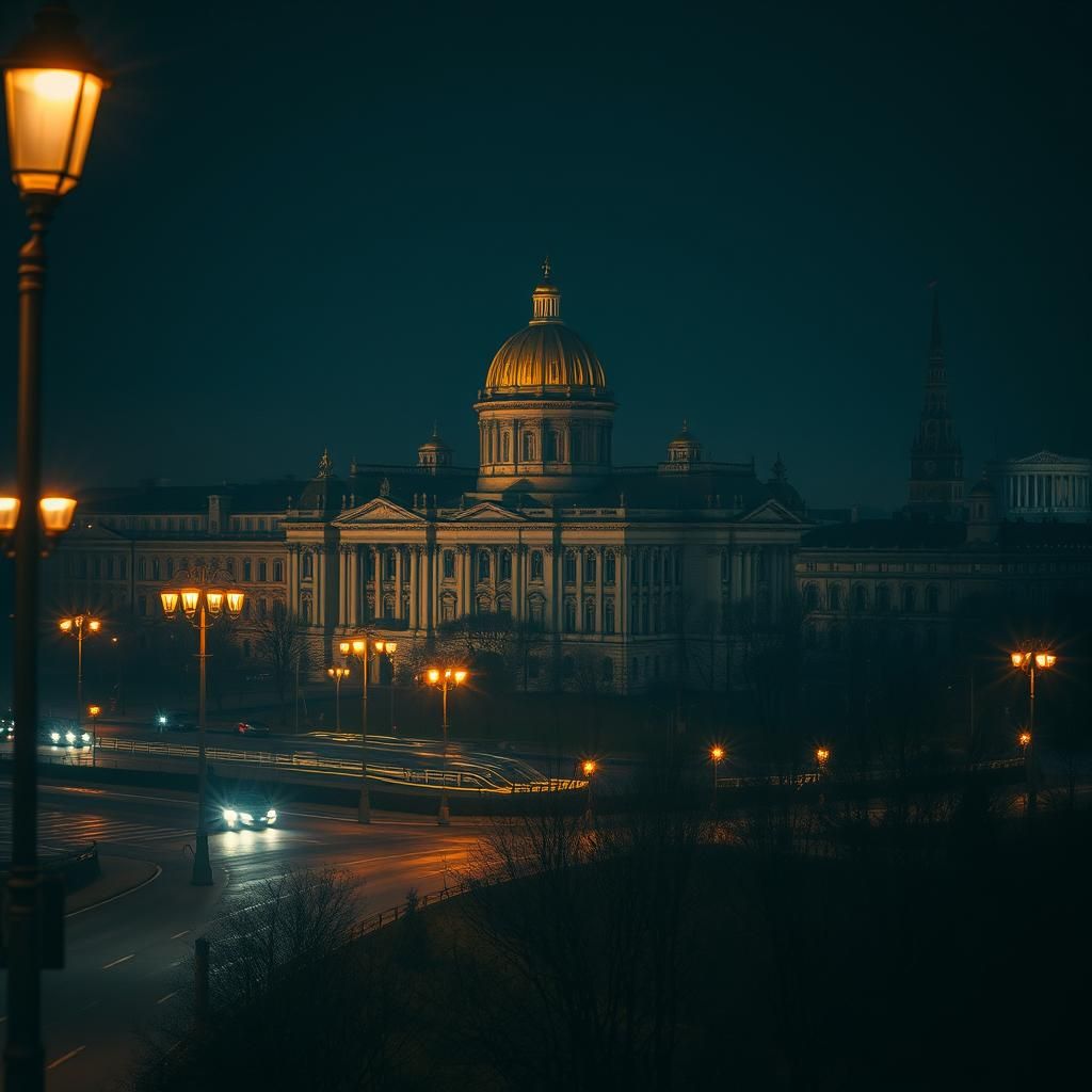 Bucharest Nightscape in a Moody Digital Art Style