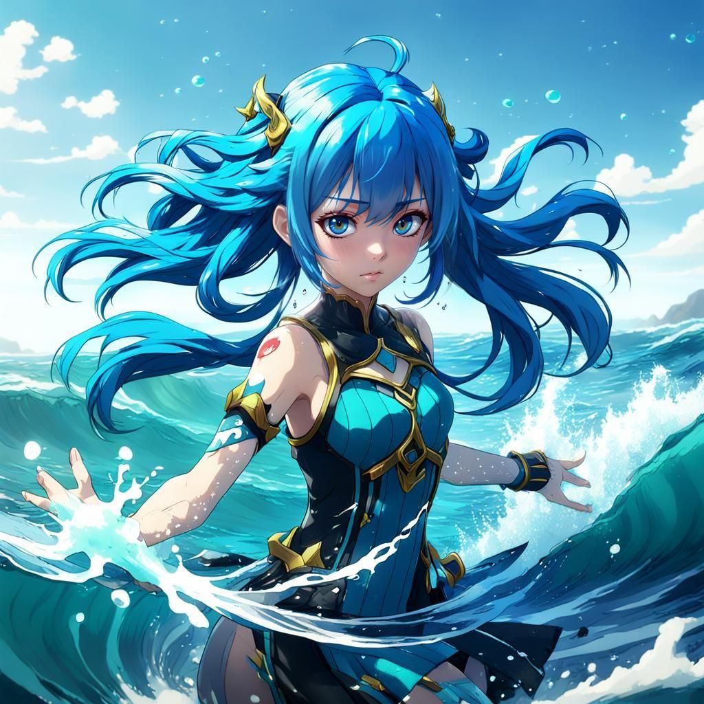 A blue hair anime girl in the ocean