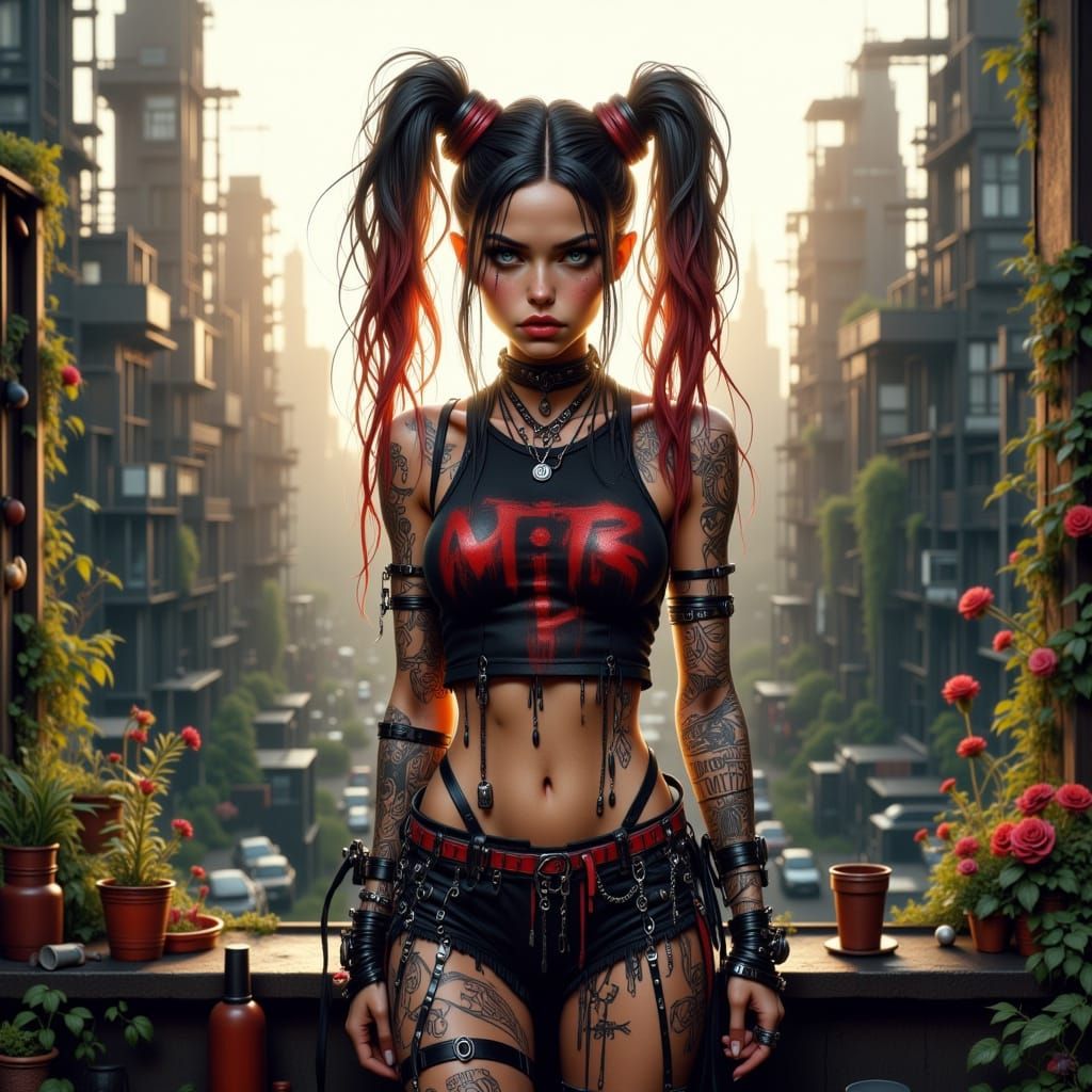 Cyberpunk Harley Quinn on Rooftop Garden