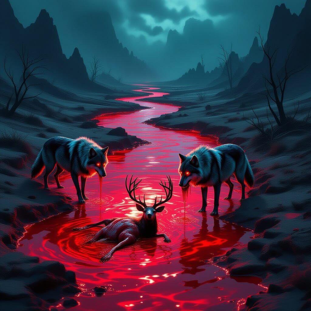 Dark Fantasy Wolves in Bloody Landscape
