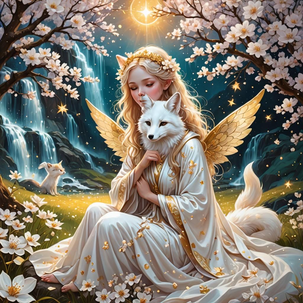 Ethereal Fairy with Fox in Astral Cherry Blossom Field