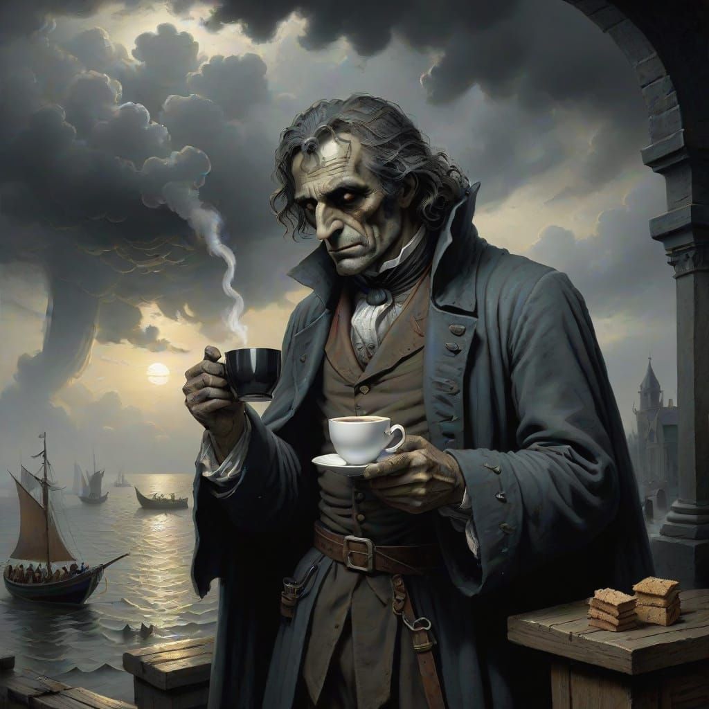 Monochrome Coffee Drinker in Dark, Dramatic Style