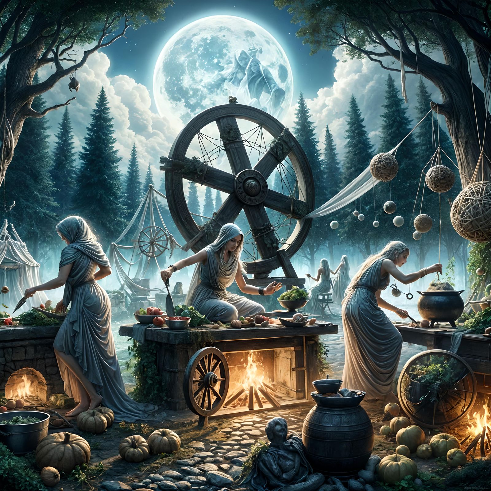The Three Fates Cook Dinner in Grecian Forest