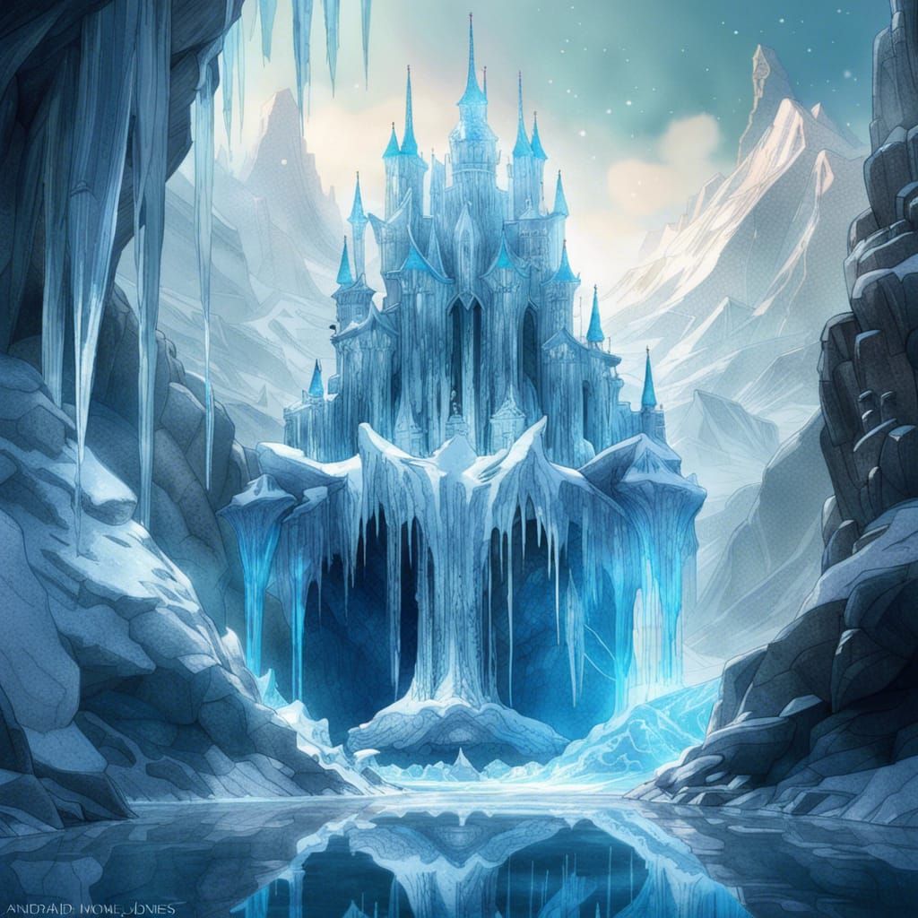 Icy Fantasy Scene with Frozen Water Fountain