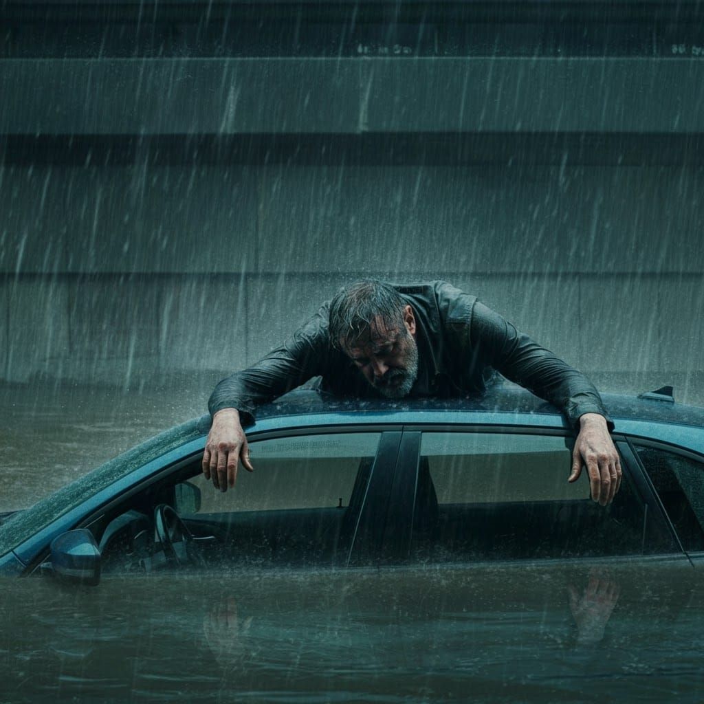 Man Defeated by Flood in Rain-Soaked City