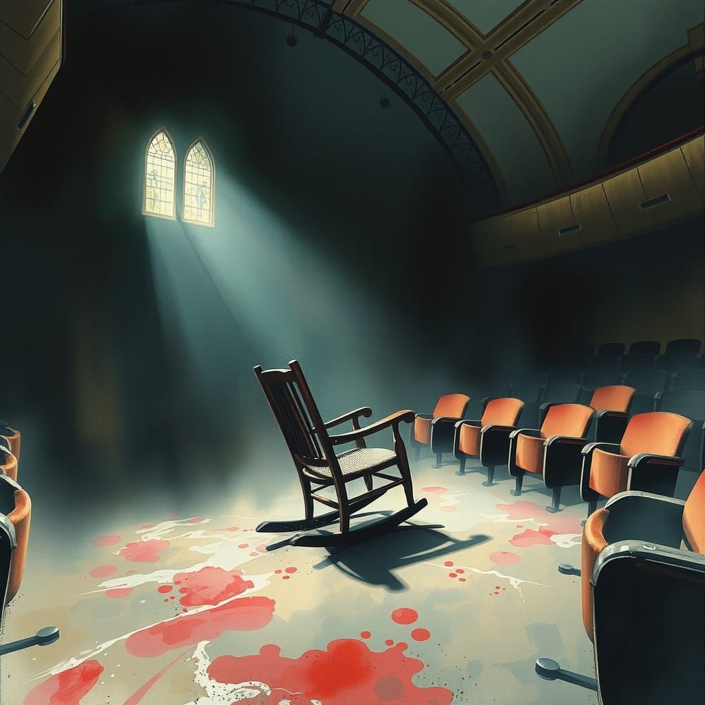 Creepy Rocking Chair in Abandoned Theater in Horror Style