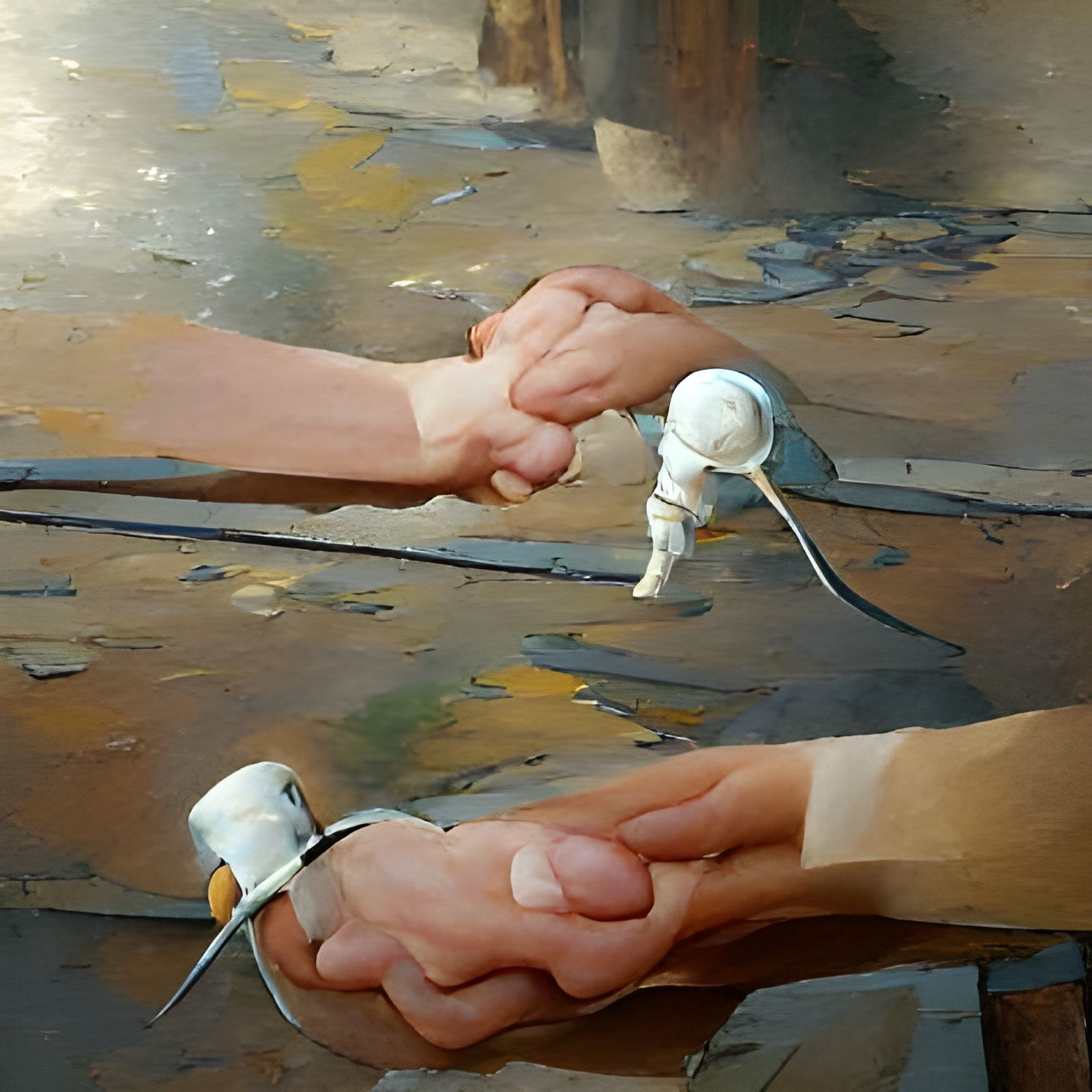 Two Figures Holding Hands in Oil Painting Style