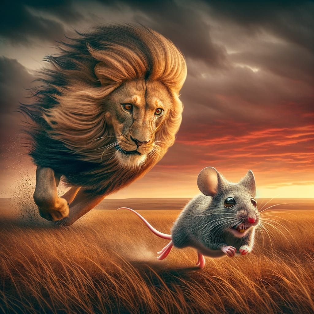 Fearless Mouse Chases Scared Lion on African Savannah