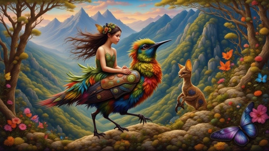 Fantasy Forest Sprite Rides Hummingbird in Renaissance Paint...