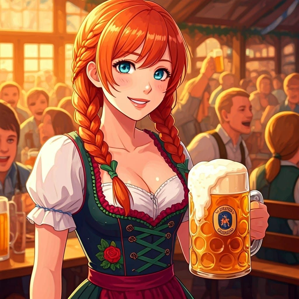 Cheerful Beer Garden Scene in Manga Scan Style