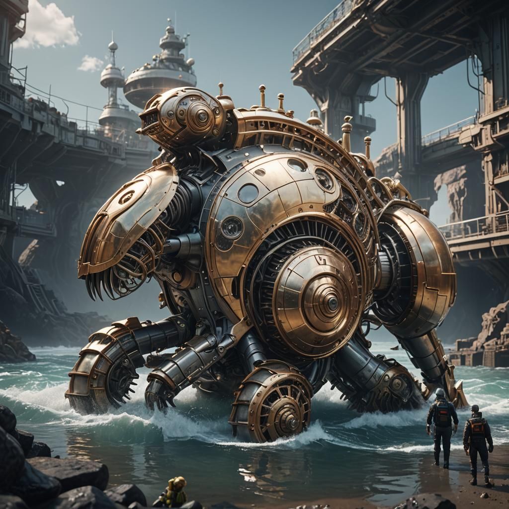 Giant Mech Pulls Nautilus From Water: Sci-Fi Art