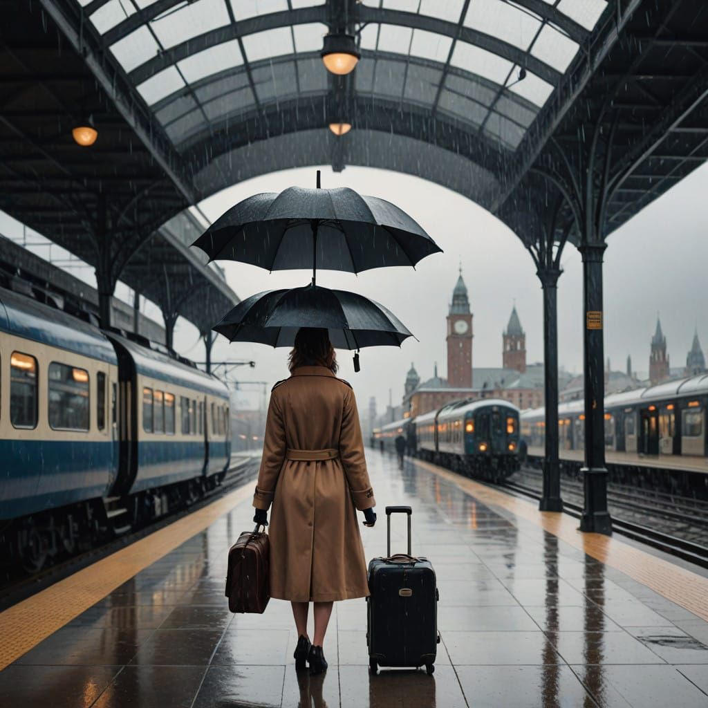 Train Station Under Rainy Skies in Realistic Digital Art