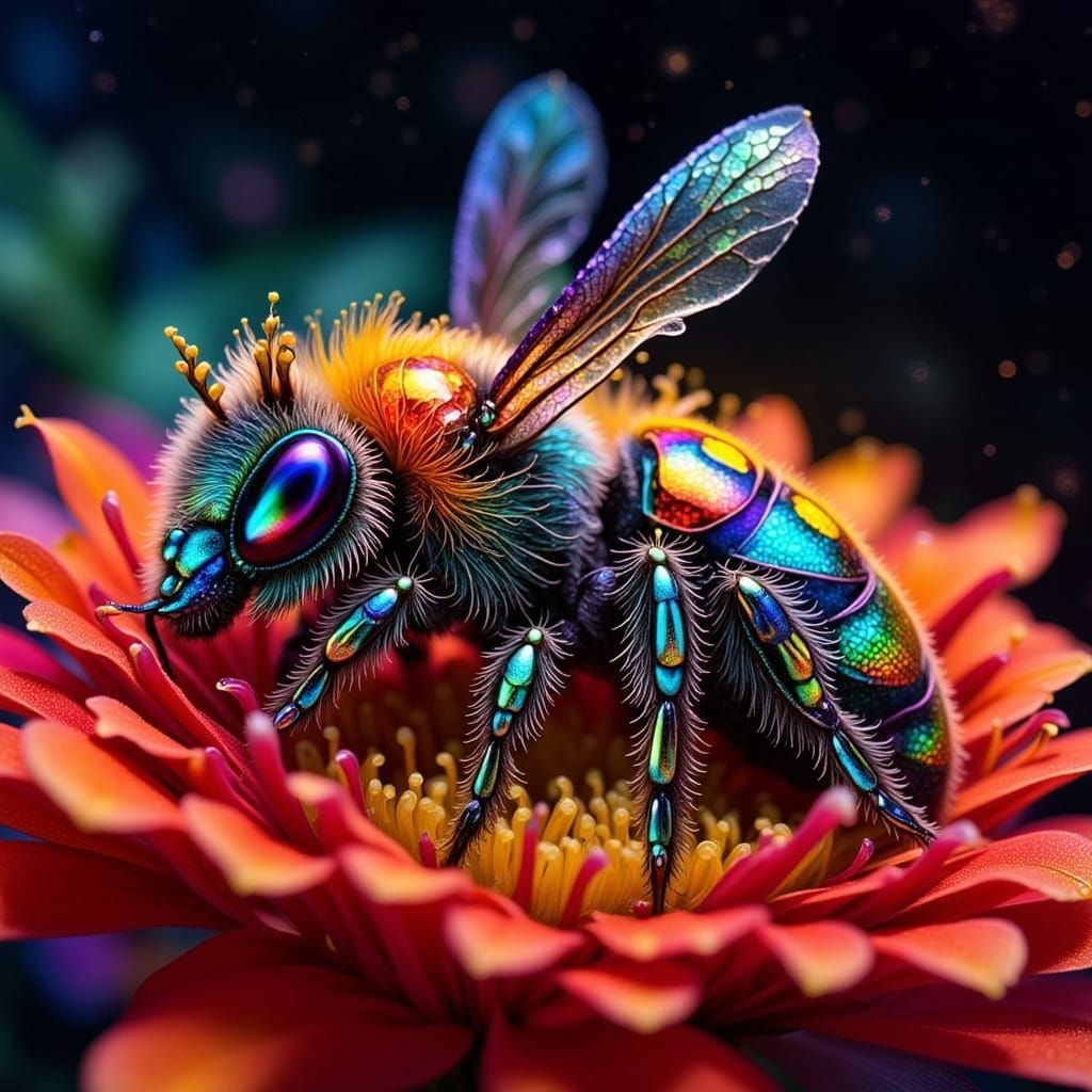 Cartoon Bee Sleeping Under Fractal Starry Sky