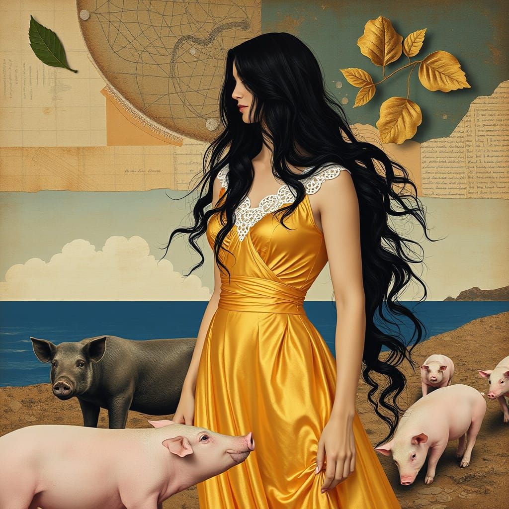 Golden Goddess Among Symbiotic Pigs in Ancient Odyssey