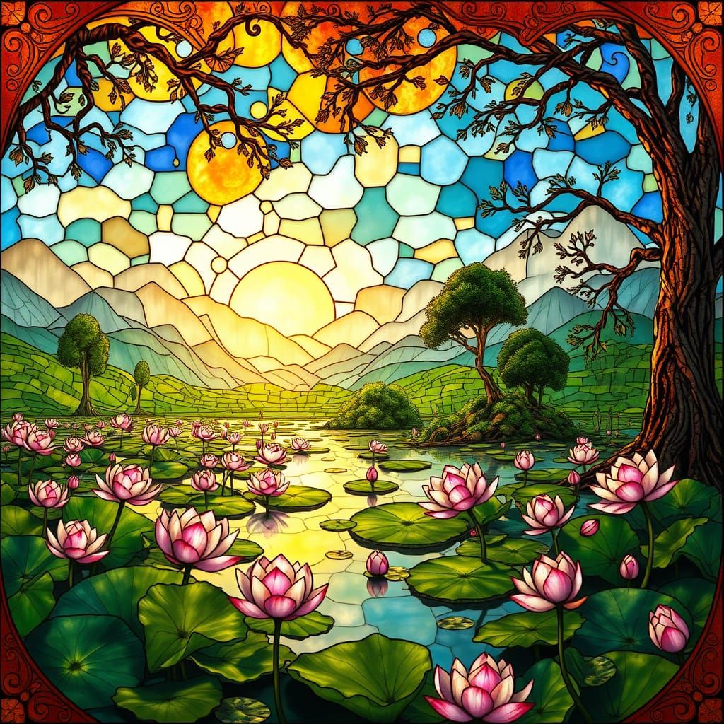 Hyperrealistic Stained Glass Lotus Lake Landscape in Vibrant...