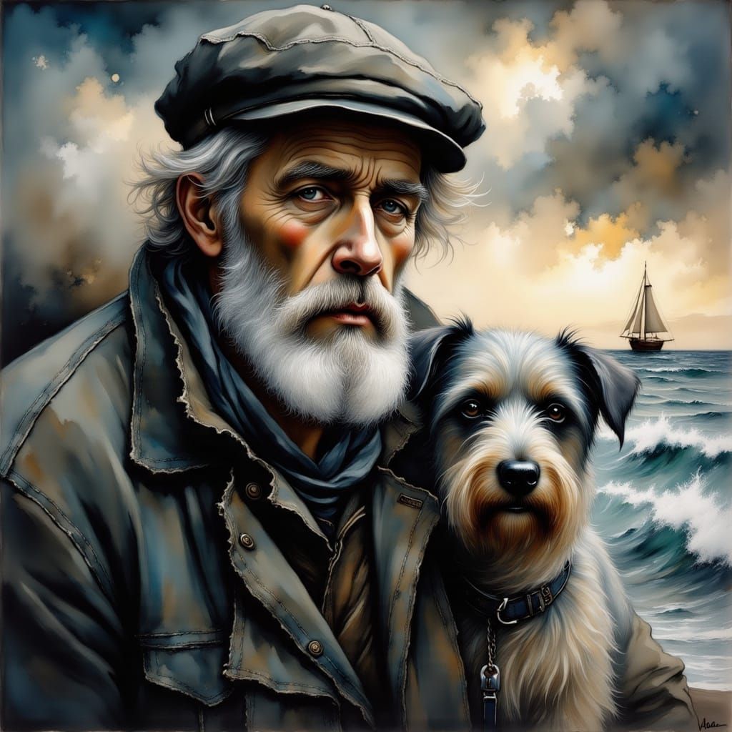 Old Fisherman And Dog In Stormy Seascape