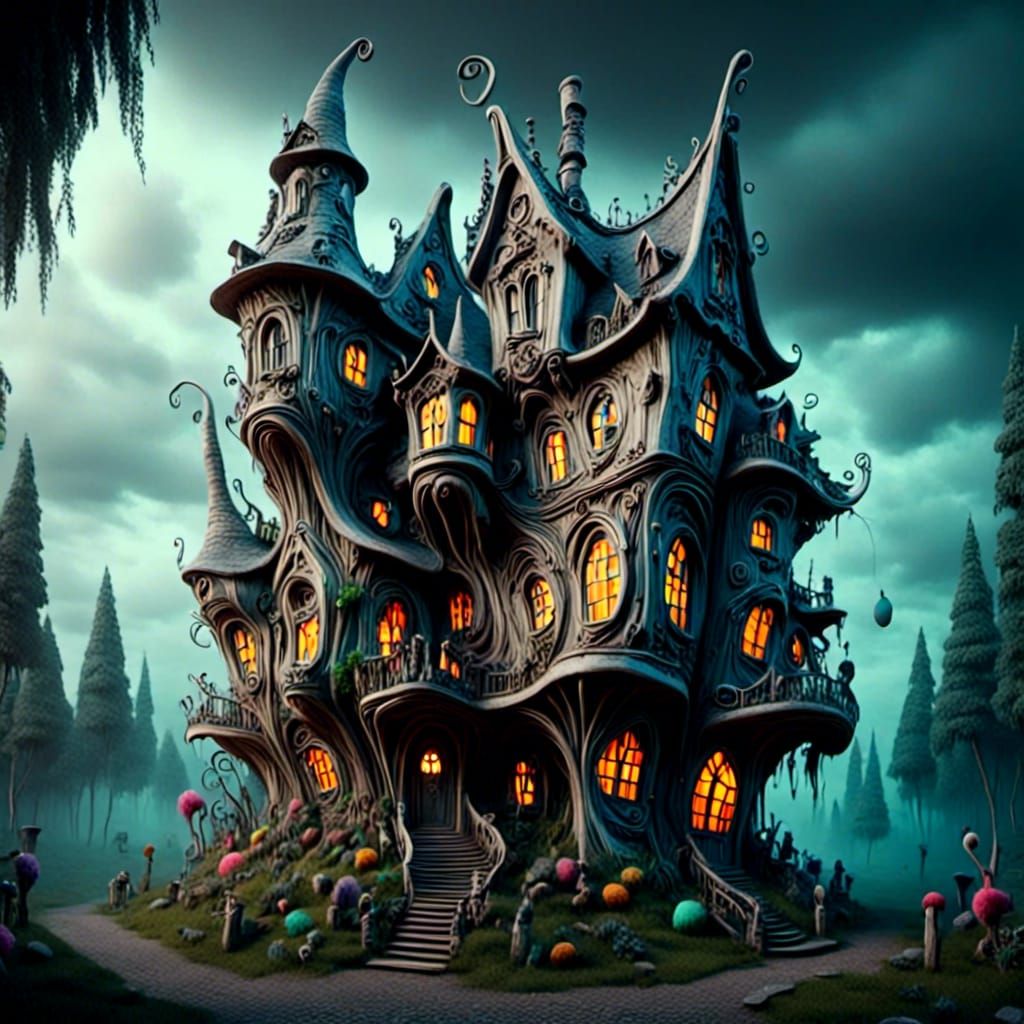 Crooked Mansion in Magical Forest: Hyperrealistic Fantasy