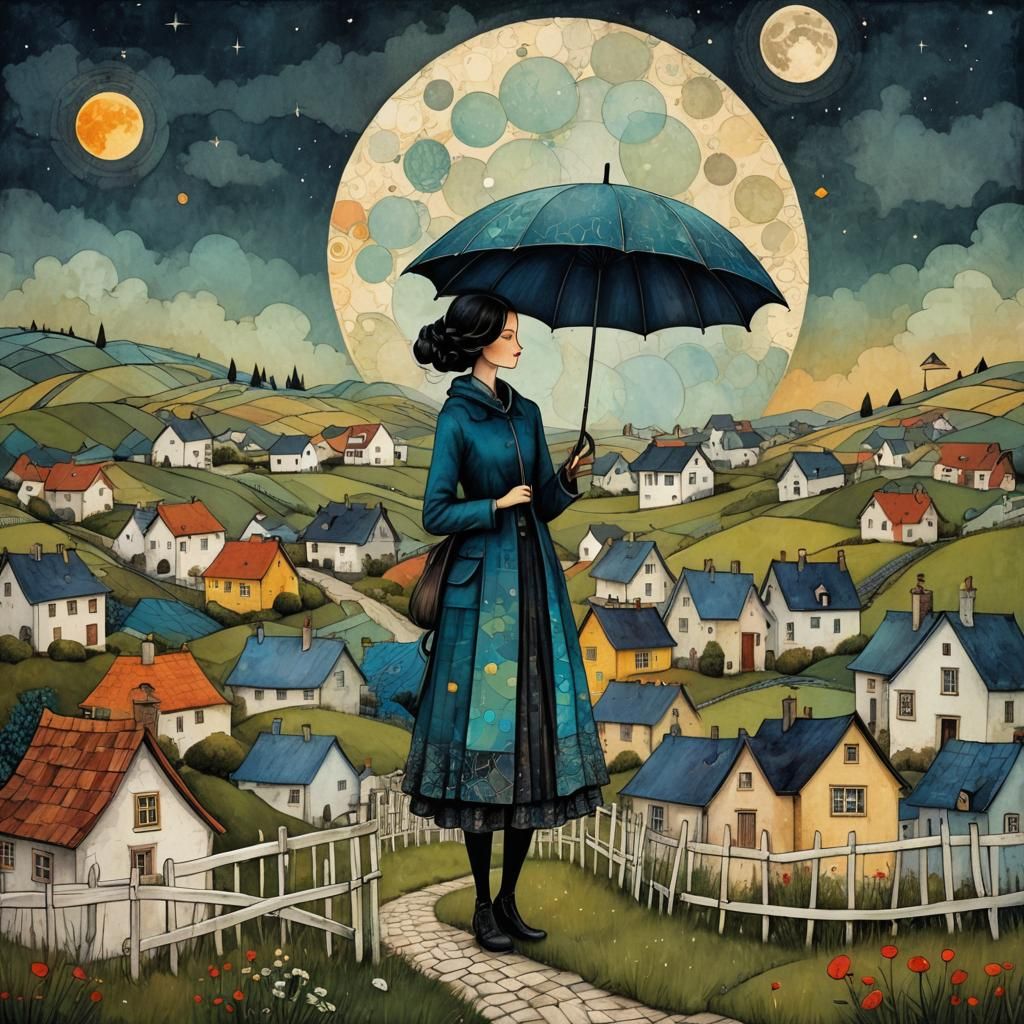 Fantasy Woman with Umbrella in Pen and Ink