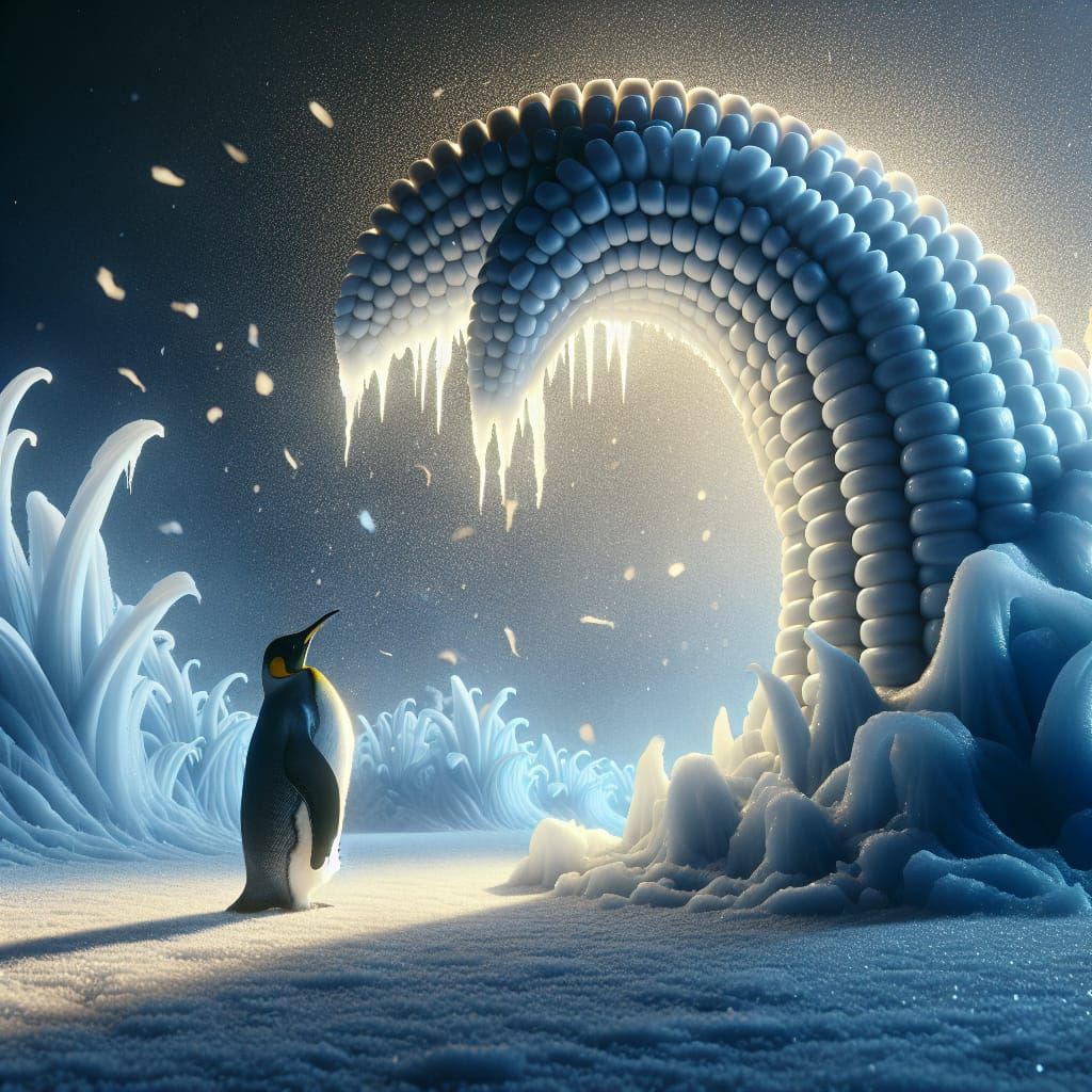 King Penguin Admires Snowflake-Covered Ice Corn in Dreamlike...