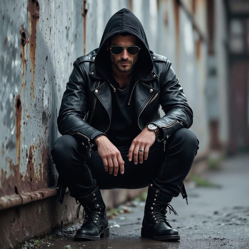 Man in Leather Jacket Crouching: Grayscale Cyberpunk Art