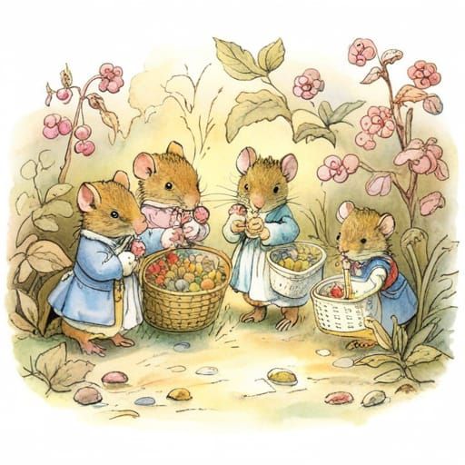 Mice Collect Berries in Whimsical Illustration Style