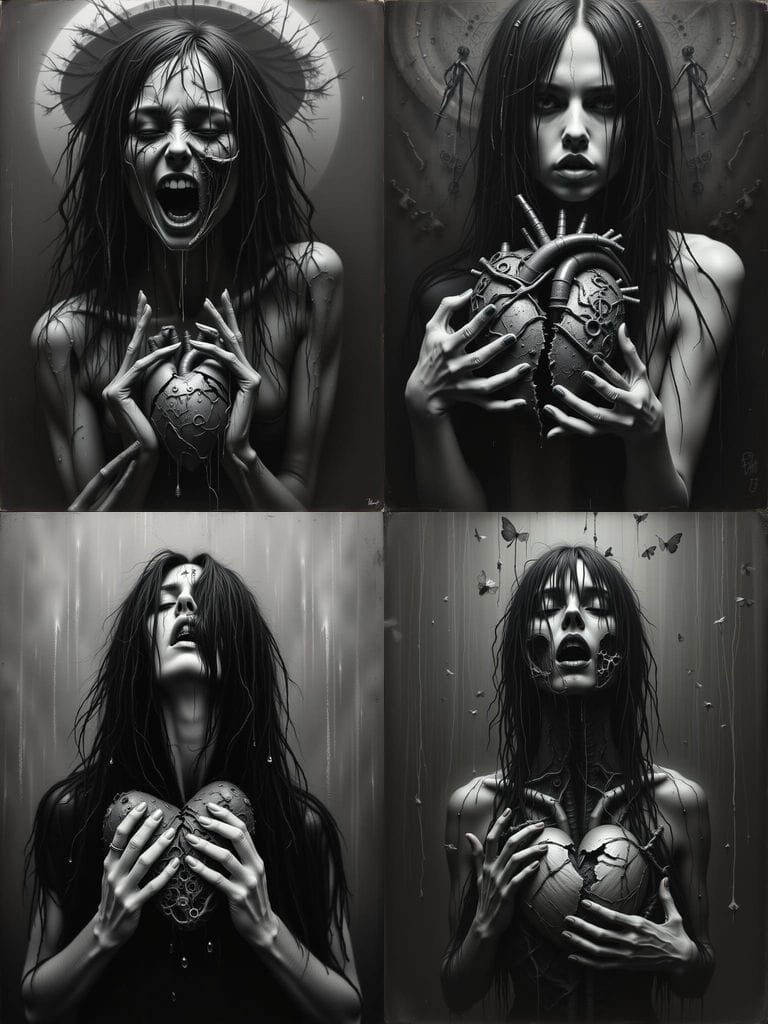 Grayscale Portrait of Woman with Broken Mechanical Heart