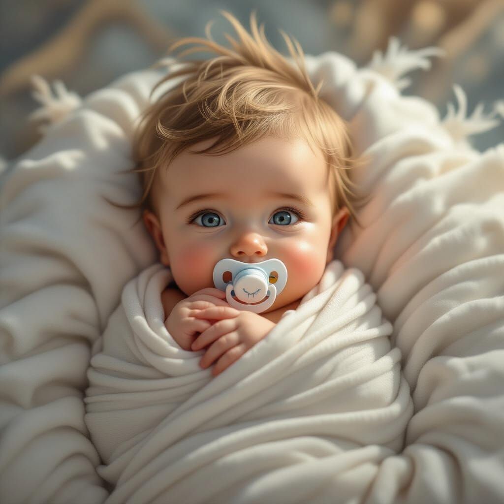 Newborn Baby Wrapped in Swaddle Holding Pacifier