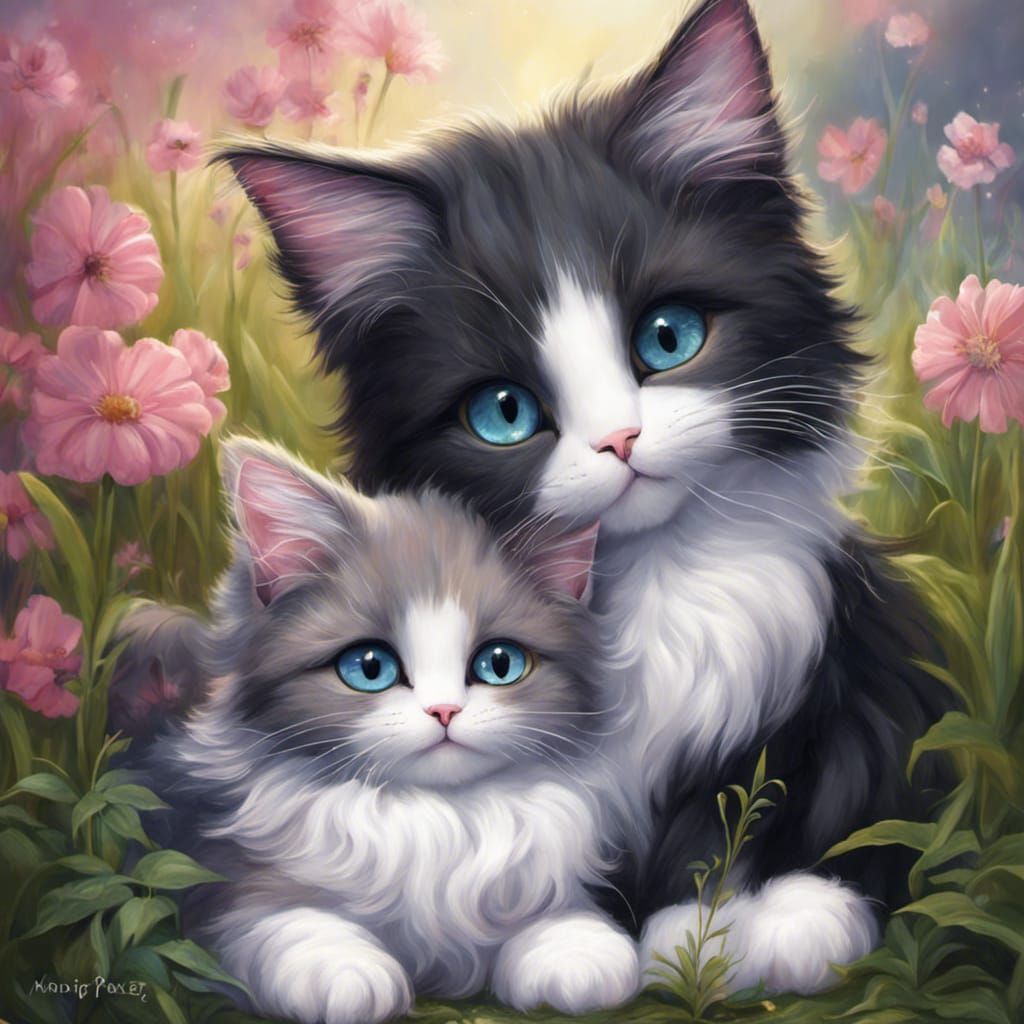 Whimsical Mother Cat Grooming Kitten in Pastel Colors