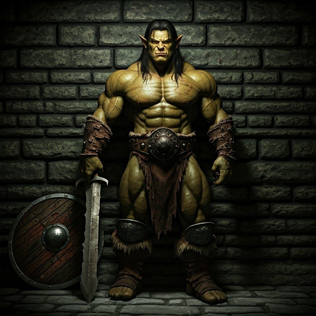 Orc Warrior in Dimly Lit Catacomb