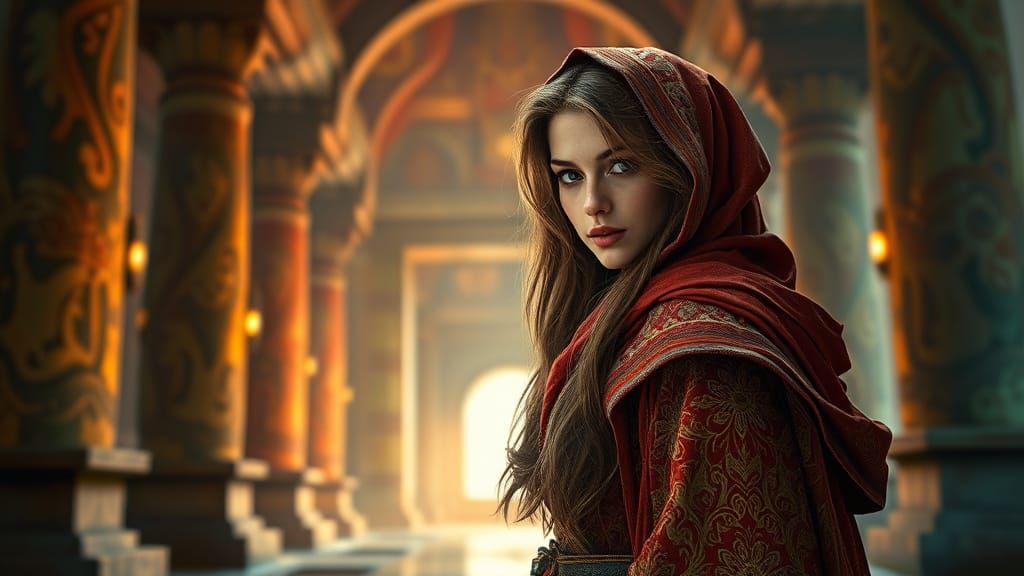 Hyperrealistic Sorceress in Ancient Temple with Bokeh