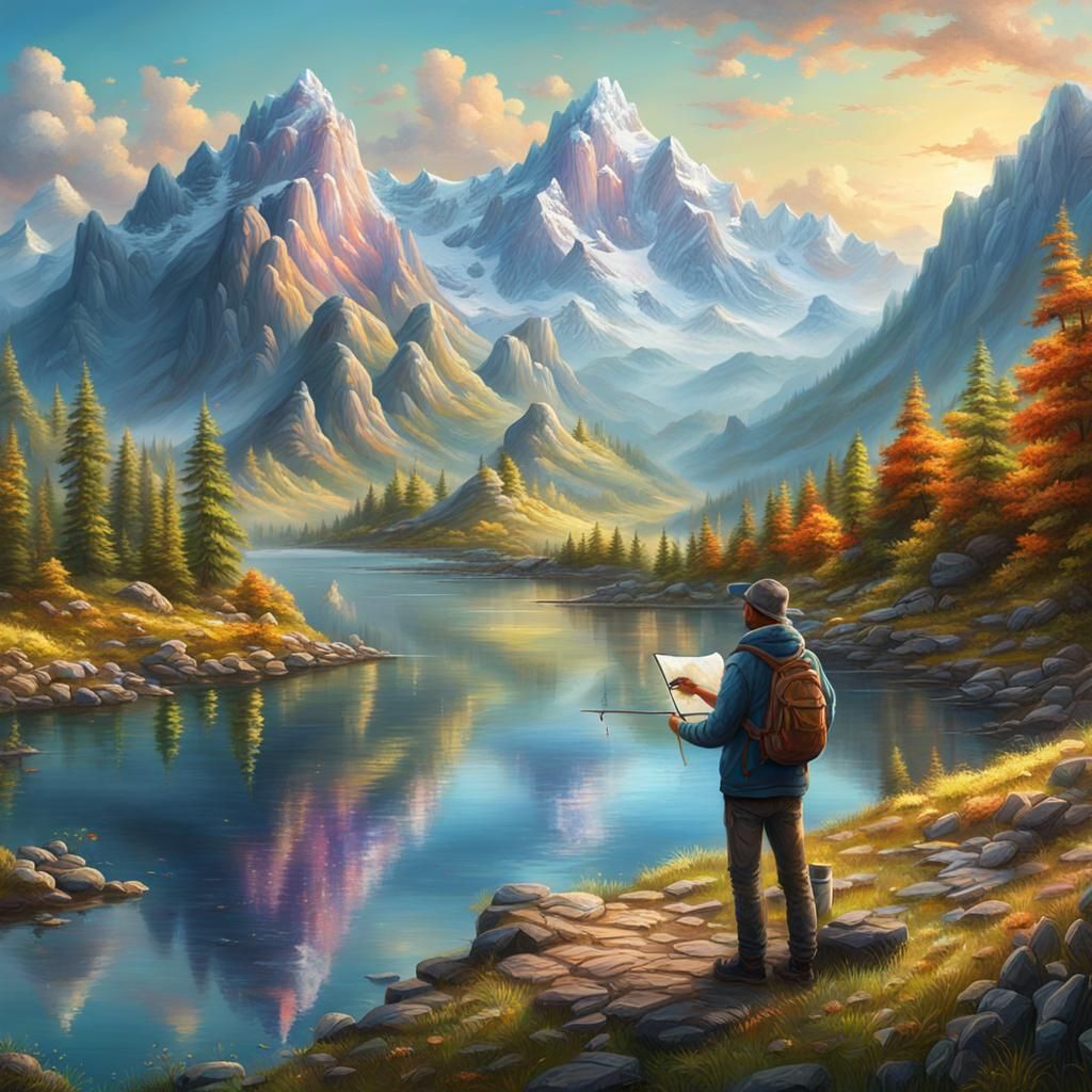 Artist Paints Mountain Landscape by Lake: 8K