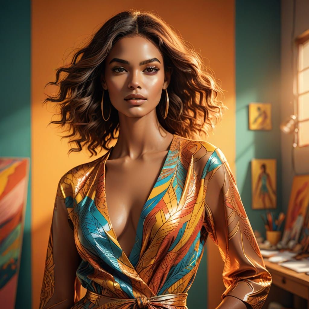 Brazilian Model Poses in Vibrant Studio Digital Sketch