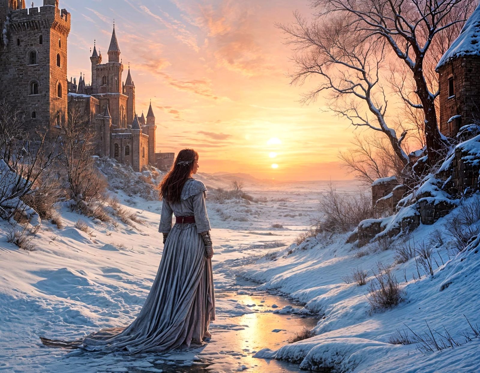 Horsemen Approach Blood-Red Sunrise Over Snowy Castle